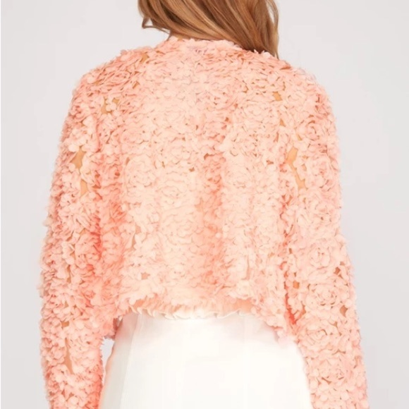 She + Sky Long Sleeve 3D Mesh Short Jacket Cardigan Flower appliqué in Pink - Picture 4 of 12